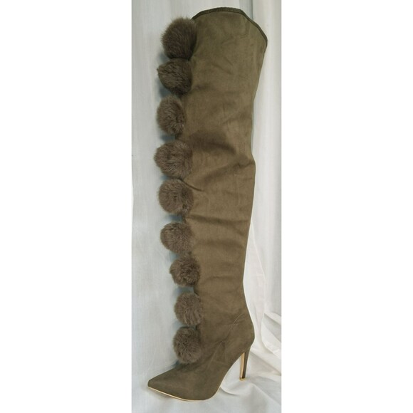 New Cape Robbin GiGi Pom Pom Over The Knee High Heel Boots Olive Army Green 8M - Picture 3 of 16